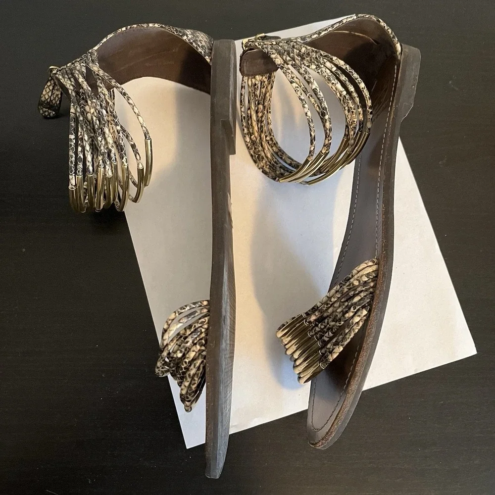 Tory Burch Mignon Rings Snake Print  Leather Sandals Ankle Strap Womens 11 Chic
